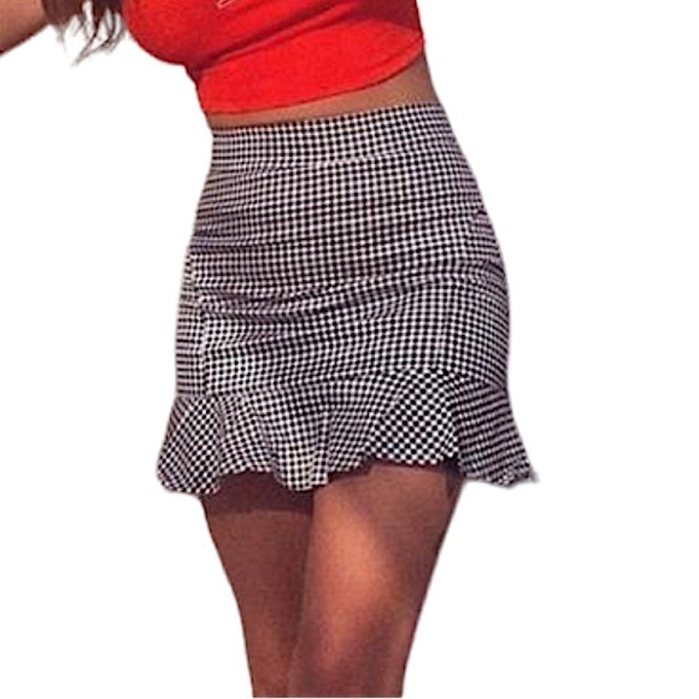 Ruffle Hem fitted Gingham black and white checkered mini Skirt S/XS